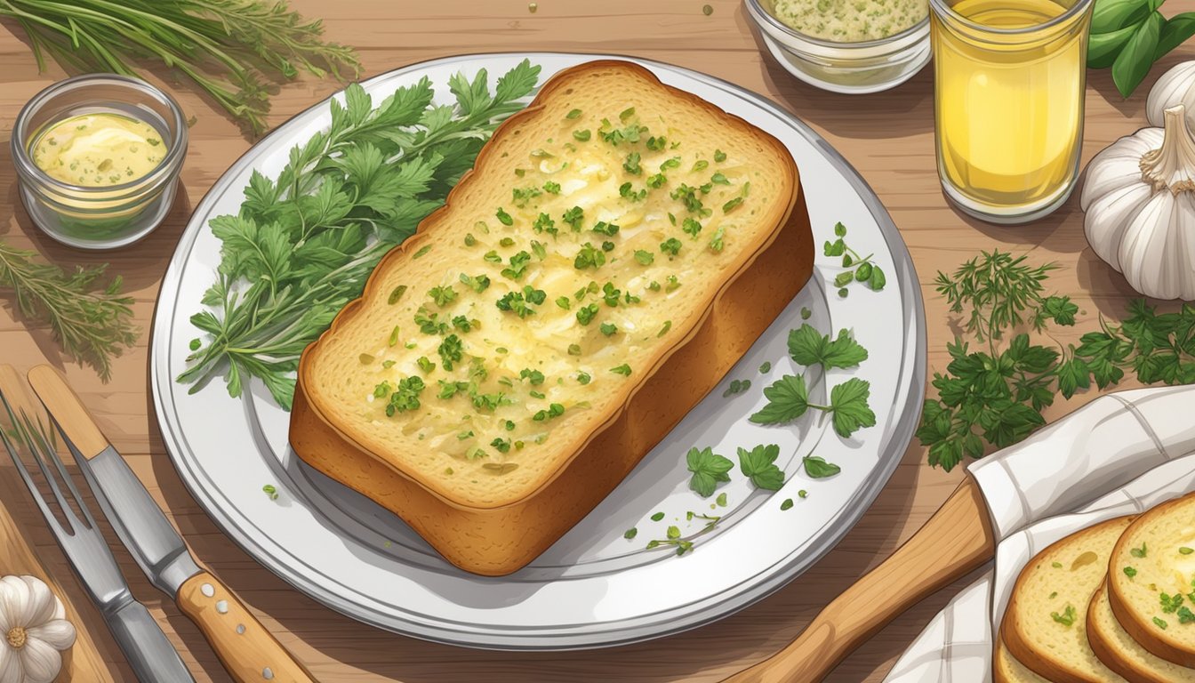 A plate with a freshly baked garlic bread loaf, sliced and topped with melted butter and minced garlic, surrounded by a variety of herbs and spices