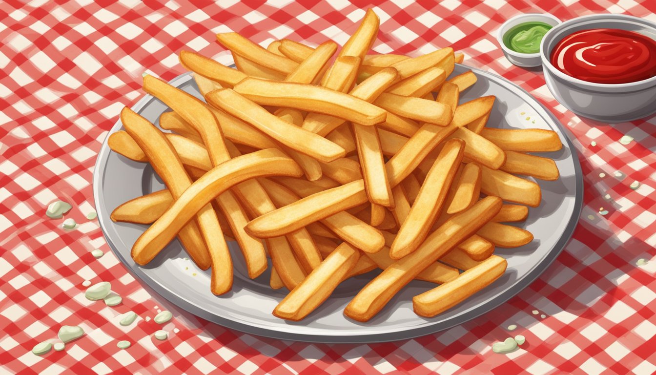 A plate of hot, crispy French fries sits on a red checkered tablecloth, with a side of ketchup and a sprinkle of salt