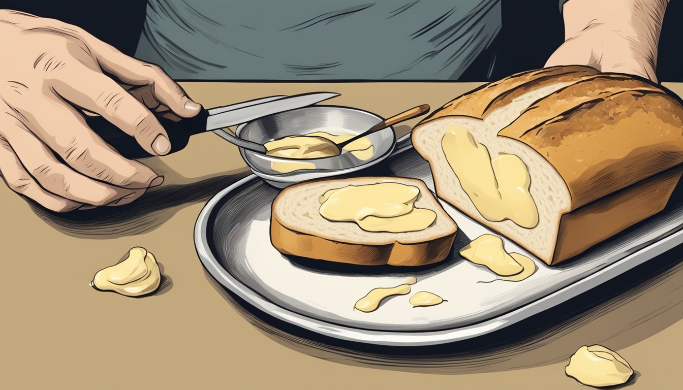 A hand reaches for a loaf of bread, while a small bowl of melted garlic butter sits nearby. A knife is poised to spread the butter onto the bread