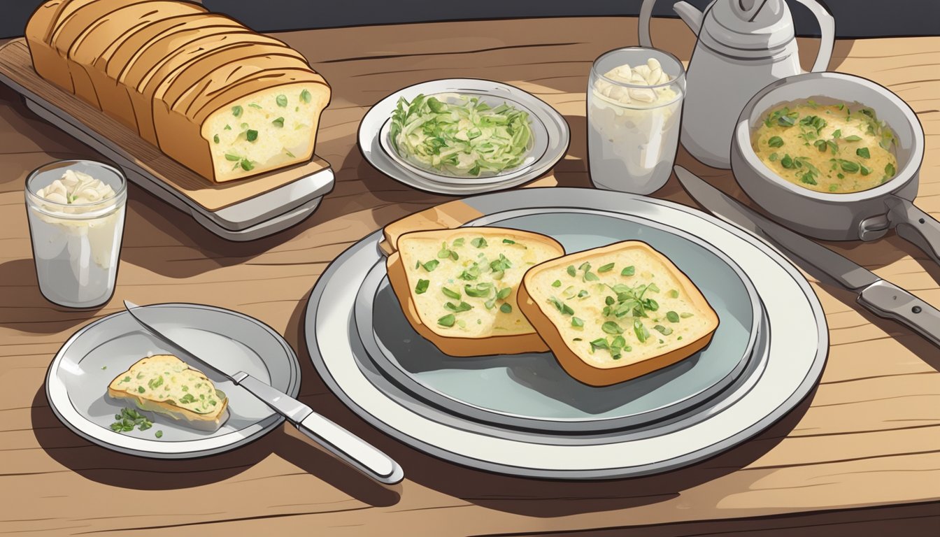 A plate of garlic bread sits next to a set of dishes, with a knife nearby for slicing