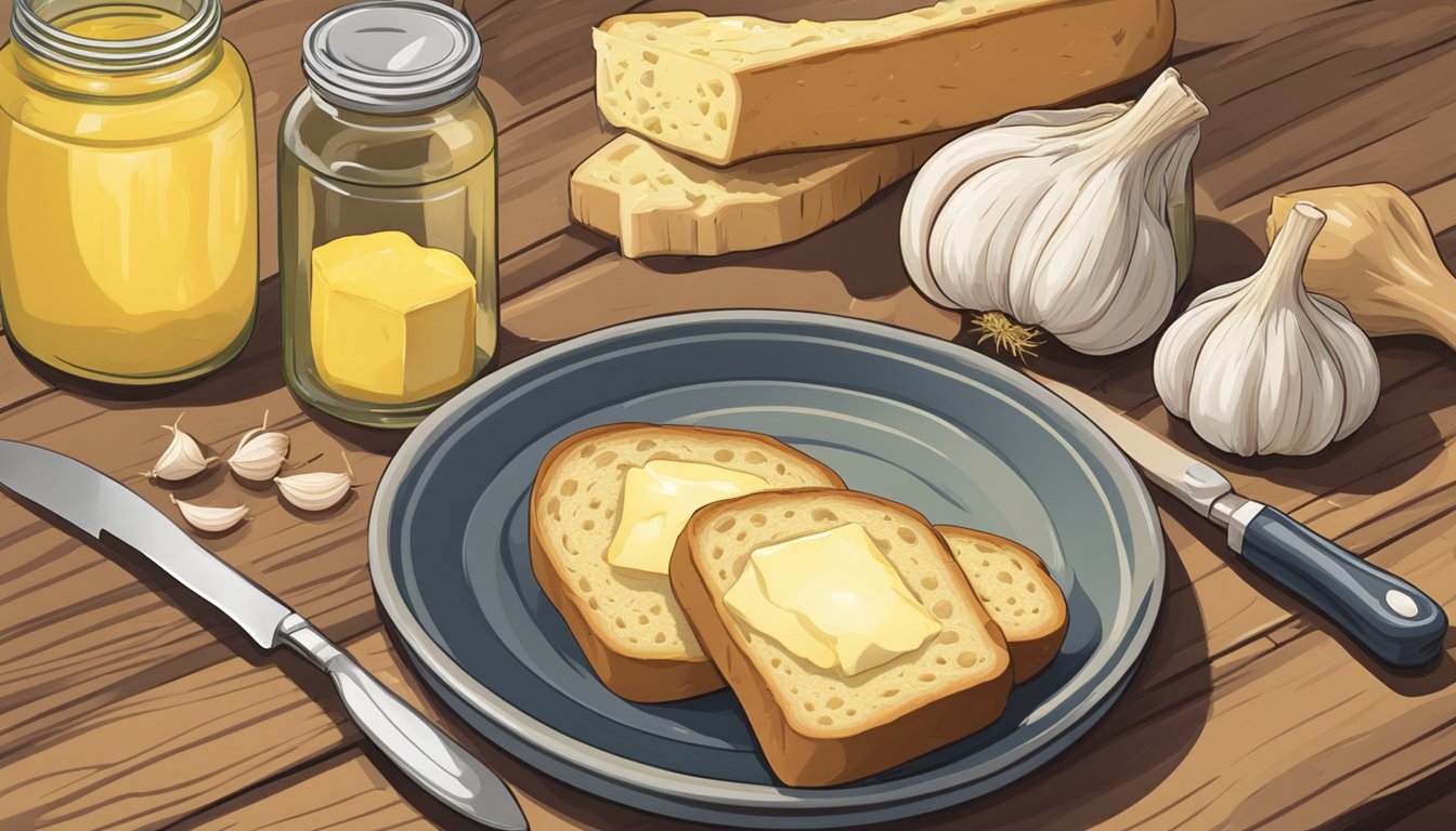 A plate of garlic bread sits on a wooden table next to a jar of butter and a clove of garlic. A knife is spread with butter