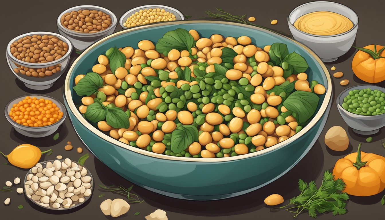 A bowl of garbanzo beans surrounded by various ingredients and utensils, suggesting different ways of preparing and consuming them