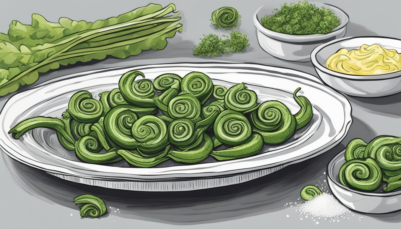 A plate of fiddlehead ferns sautéed in butter, sprinkled with salt and pepper, ready to be eaten