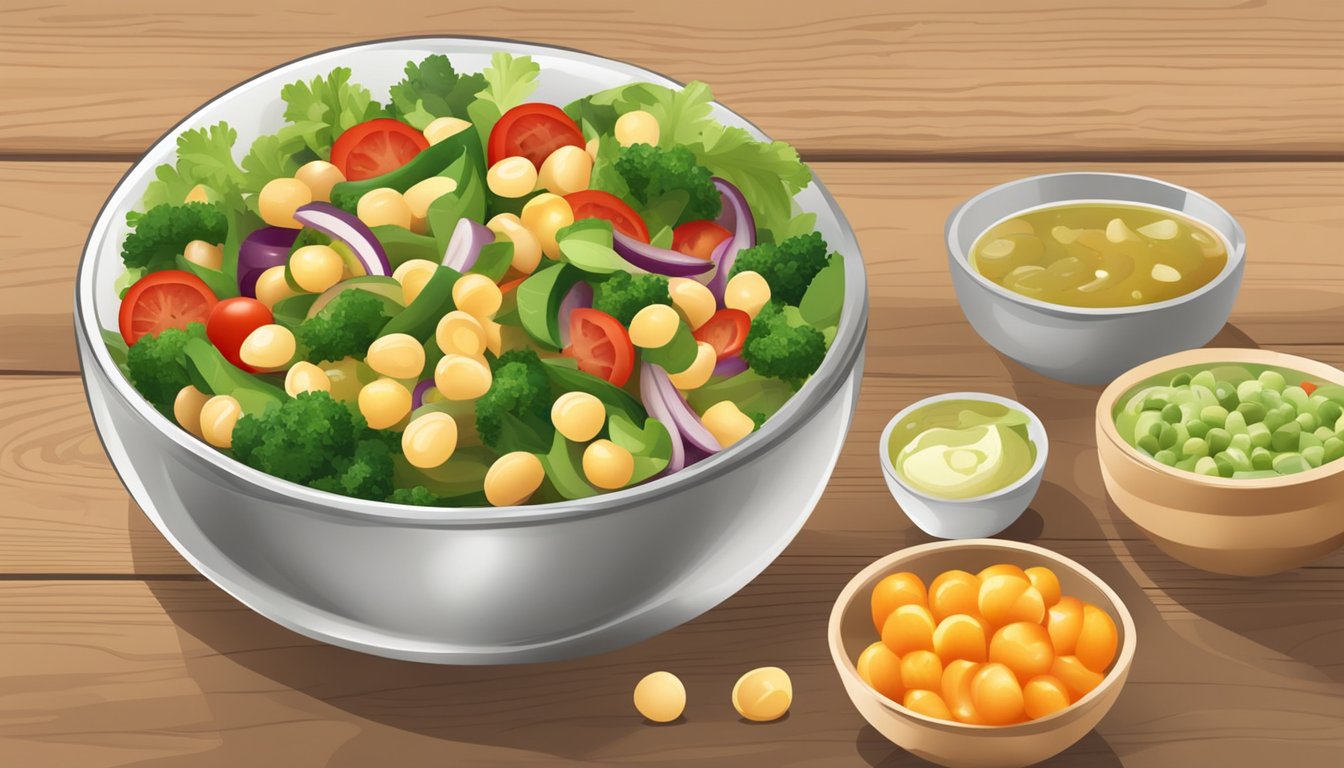 A bowl of garbanzo bean salad with fresh vegetables and a drizzle of vinaigrette dressing on a wooden table