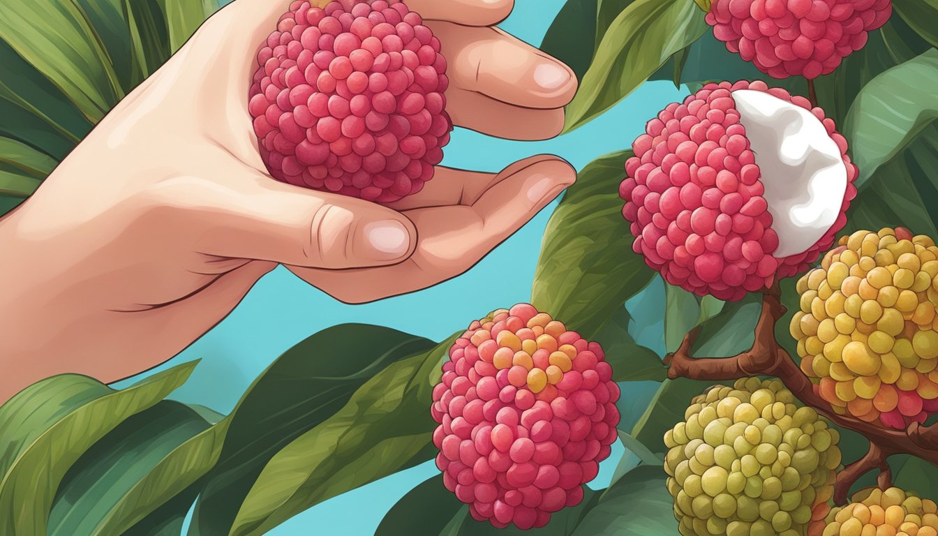 A hand picking up a lychee, peeling the skin, and revealing the juicy fruit inside