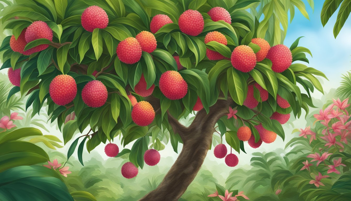 A lychee tree with ripe fruit in a tropical orchard, surrounded by lush green foliage and vibrant flowers