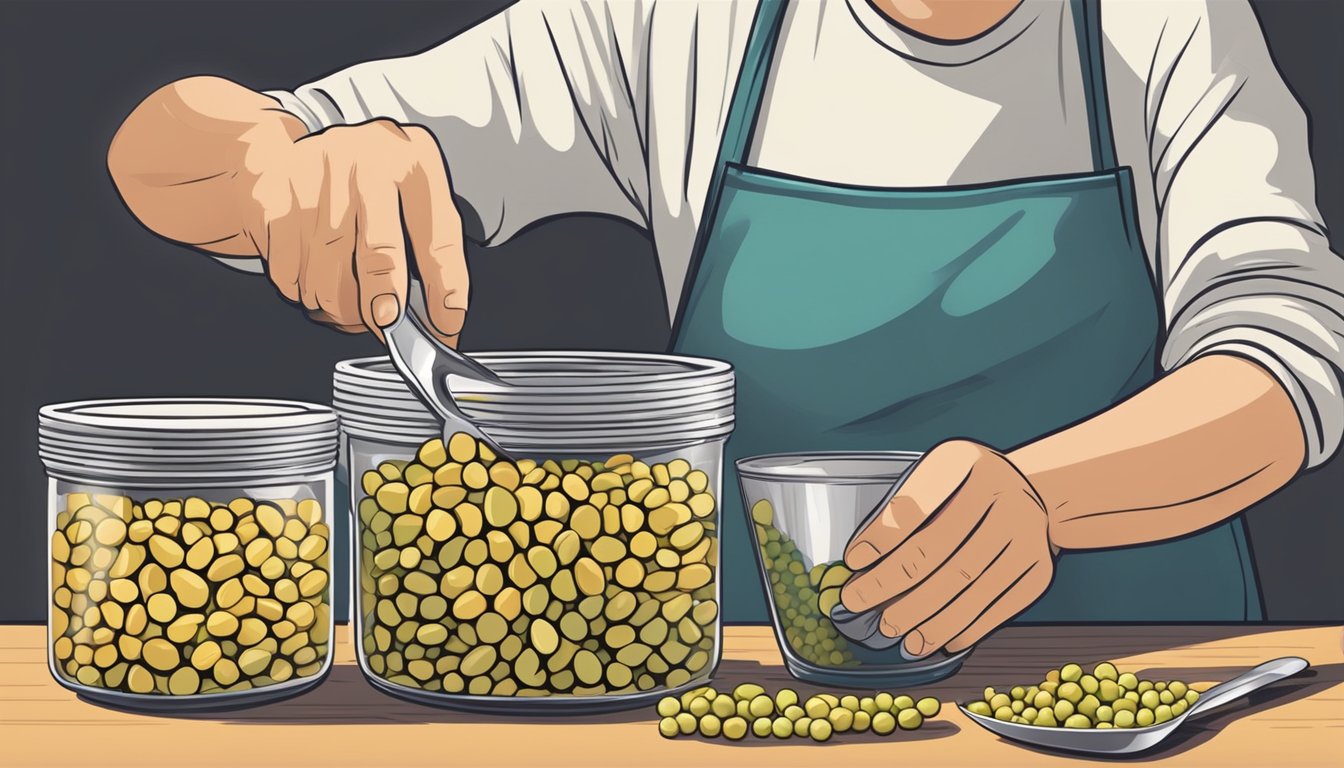 A person using a spoon to scoop garbanzo beans from a can into a glass container for storage