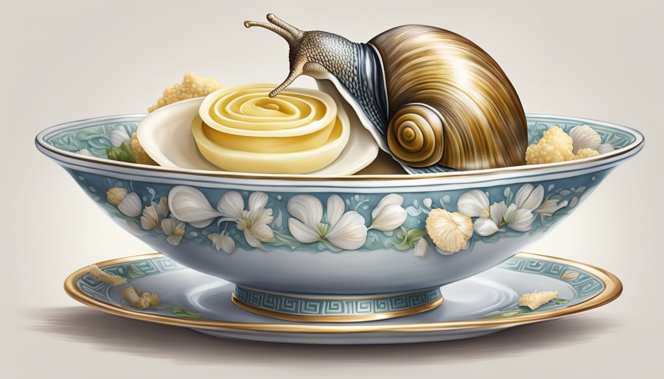 A silver escargot tong delicately grips a plump snail shell, poised above a bed of garlic butter in a porcelain dish