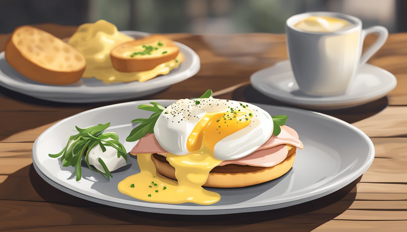 A plate of eggs benedict sits on a wooden table, with a poached egg and hollandaise sauce drizzled over a toasted English muffin and Canadian bacon