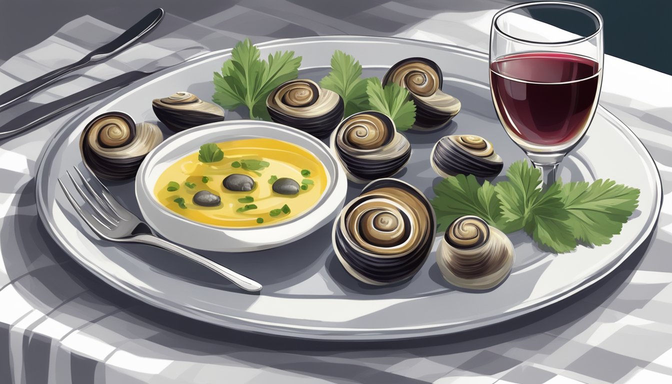 A plate of escargot sits next to a glass of red wine on a white tablecloth. The snails are served in a garlic and herb butter sauce