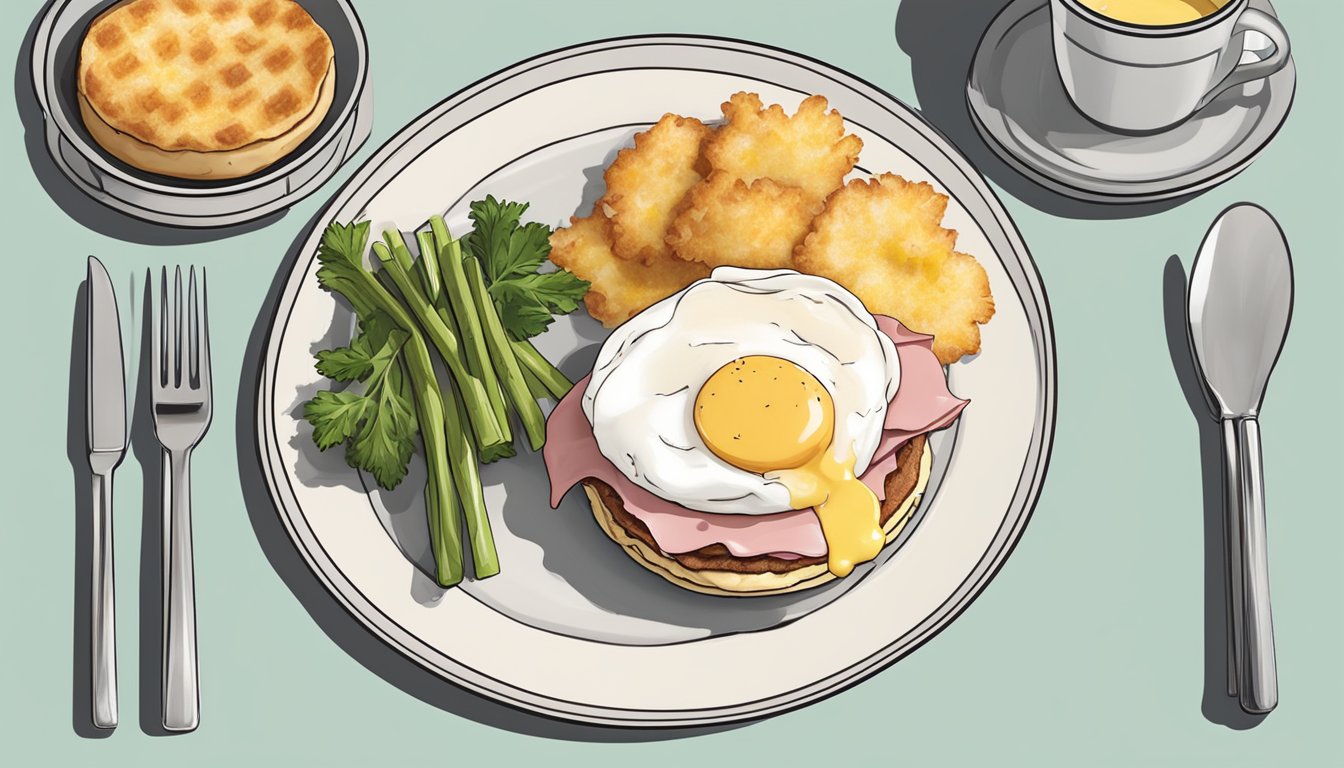 A plate holds an English muffin topped with ham, poached egg, and hollandaise sauce, served with a side of hash browns