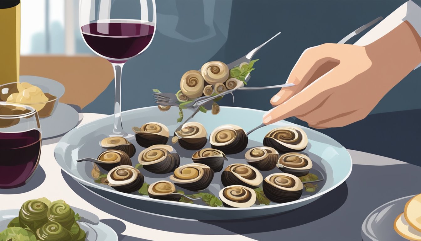 A person using a small fork to extract cooked snails from their spiral shells, with a plate of escargot and a glass of wine on a table