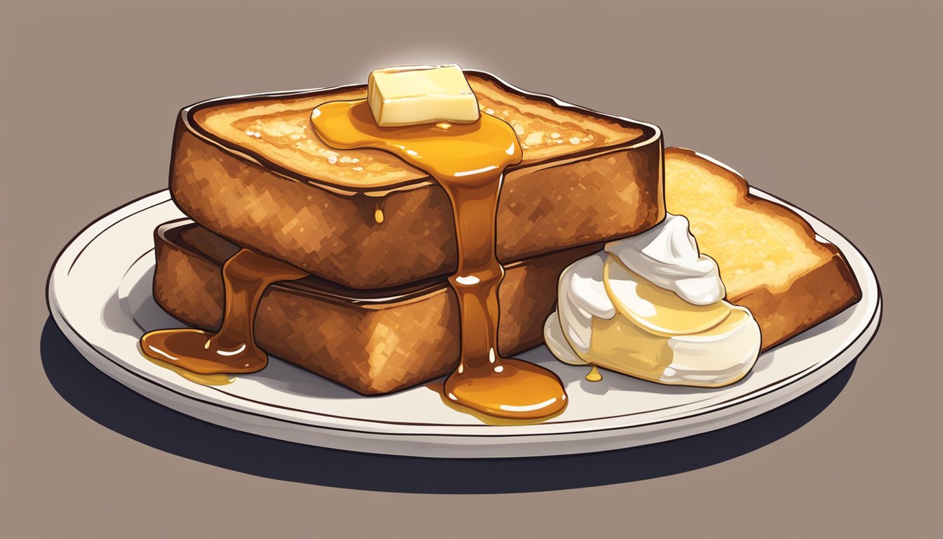 A golden-brown slice of French toast sits on a plate, topped with a dollop of melting butter and a drizzle of maple syrup