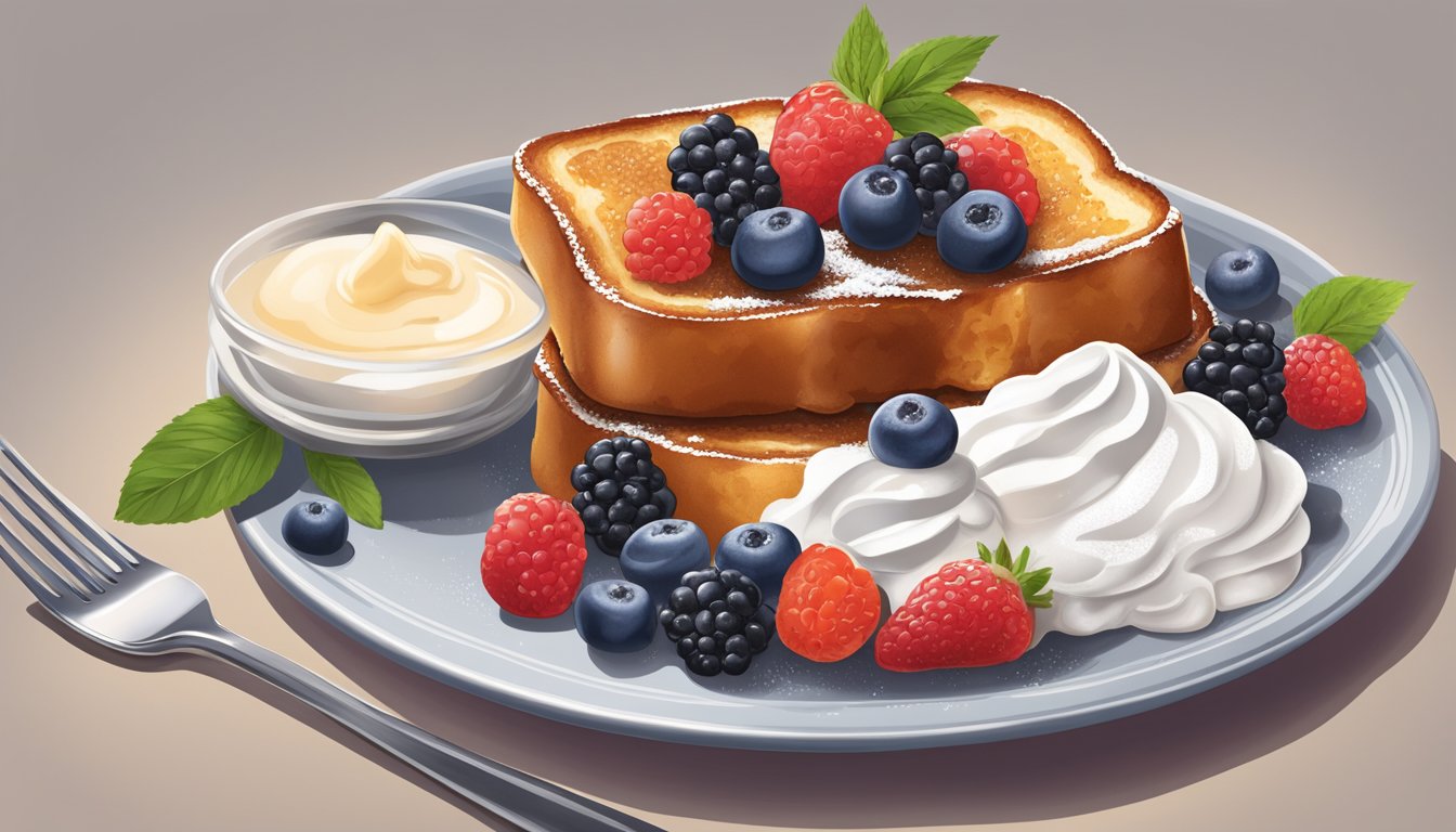 A plate of French toast topped with powdered sugar and fresh berries, served with a side of maple syrup and a dollop of whipped cream