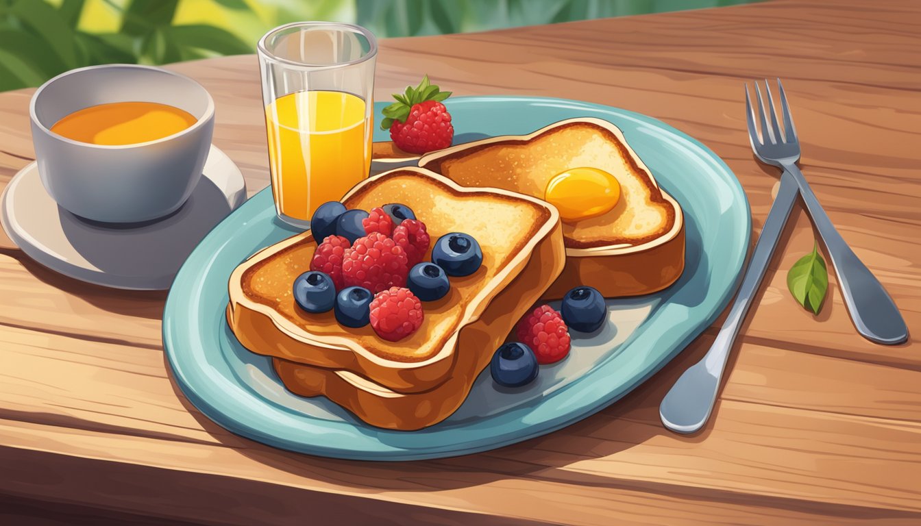 A plate of French toast topped with fresh berries and drizzled with syrup sits on a wooden table next to a glass of orange juice