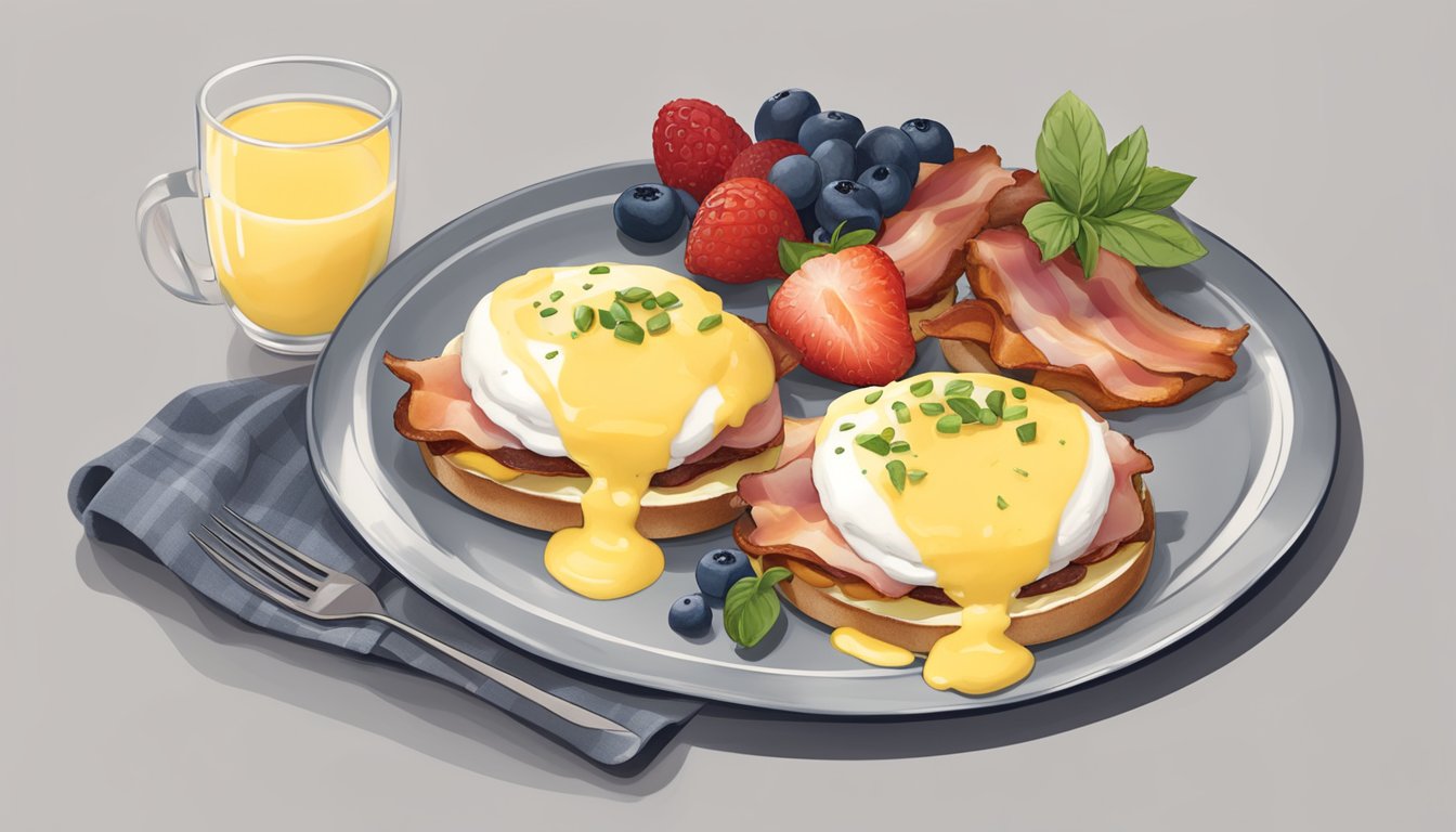 A plate with eggs benedict, topped with hollandaise sauce, sitting next to a side of crispy bacon and a small bowl of fresh fruit