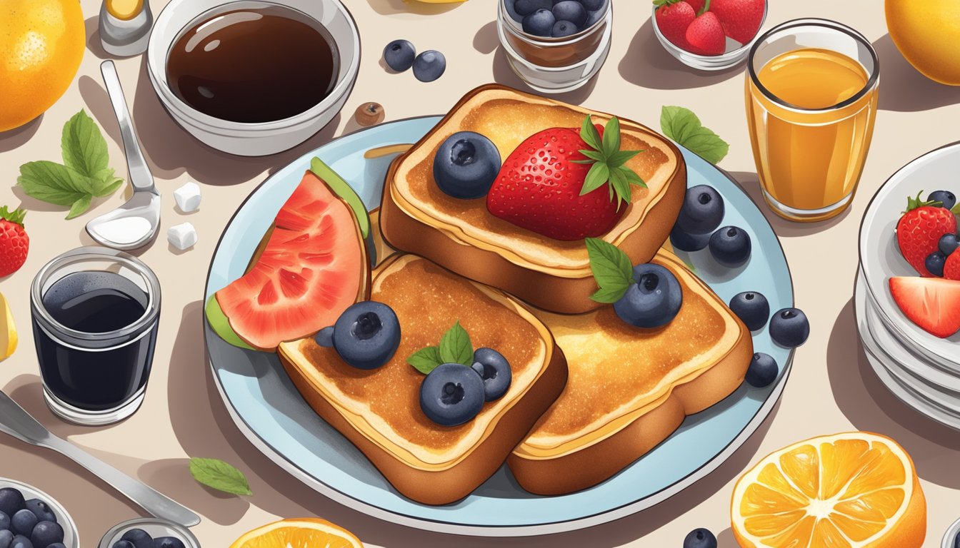 A plate of French toast topped with a variety of fruits and syrups, surrounded by different utensils and condiments