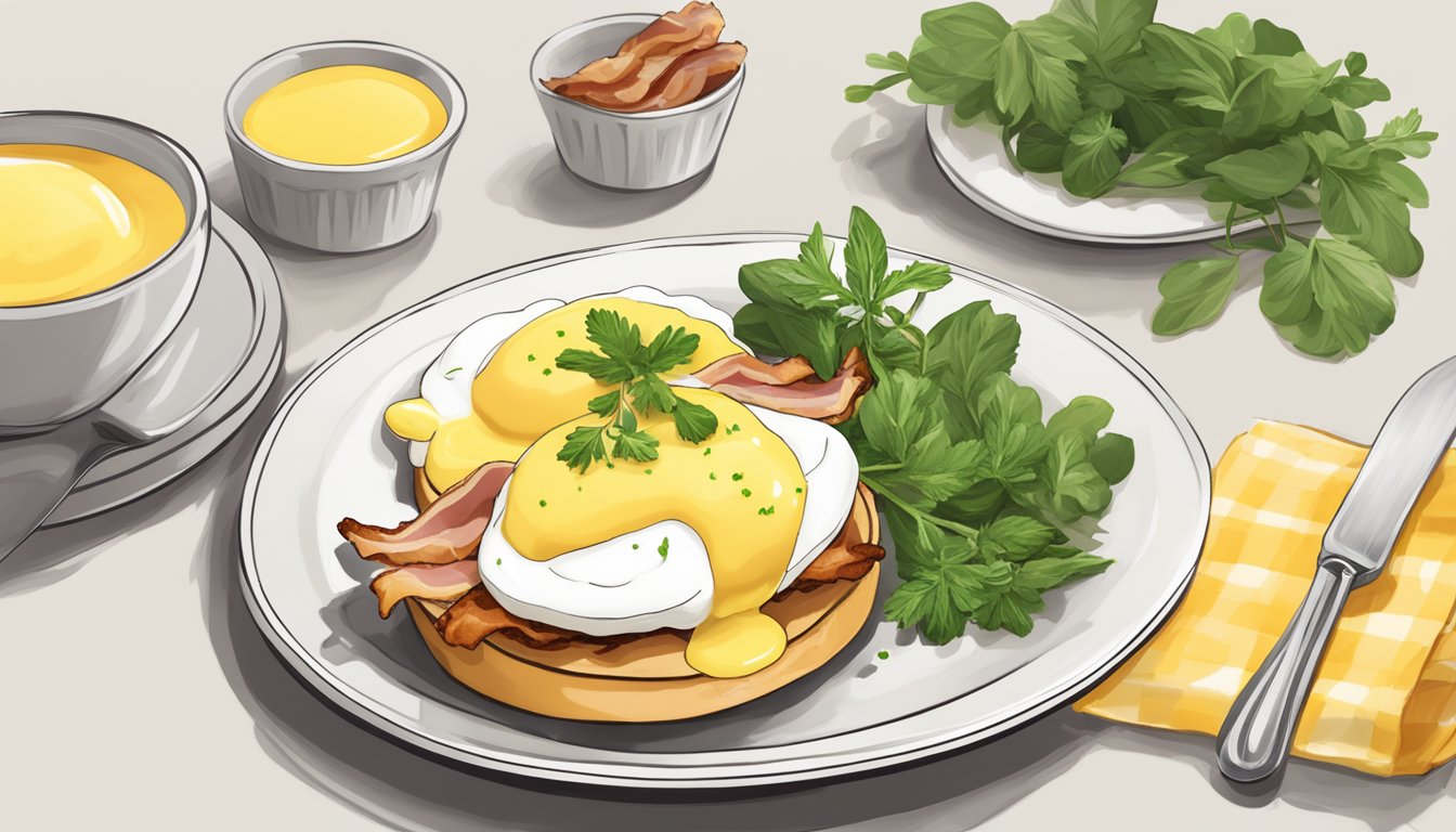 A plate with eggs benedict, garnished with fresh herbs, served with a side of crispy bacon and a dollop of hollandaise sauce