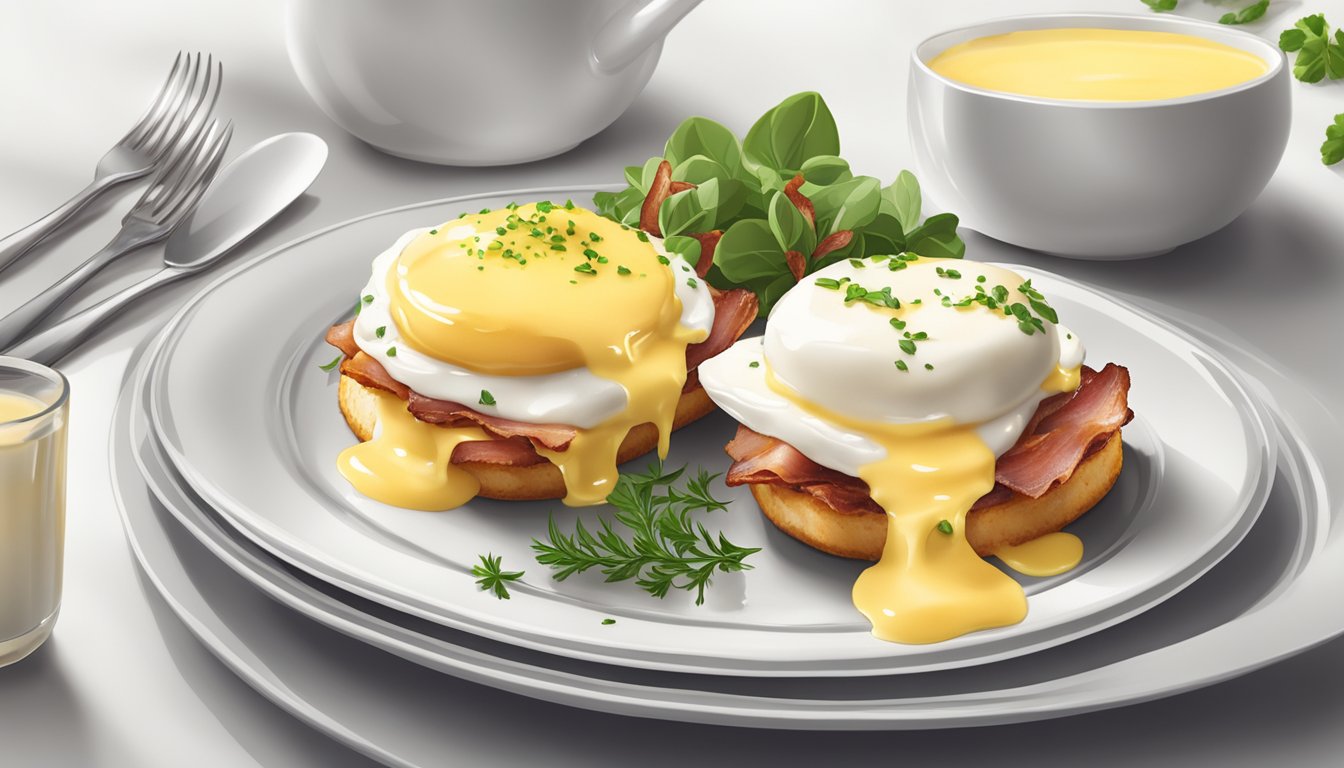 A plate with eggs benedict topped with hollandaise sauce and a side of crispy bacon, served on a white ceramic dish with a garnish of fresh herbs