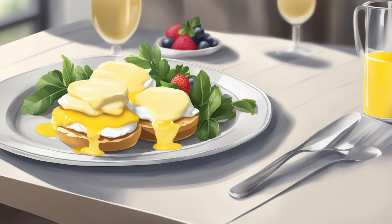 A plate of eggs benedict with hollandaise sauce, sitting on a table with a mimosa and fresh fruit