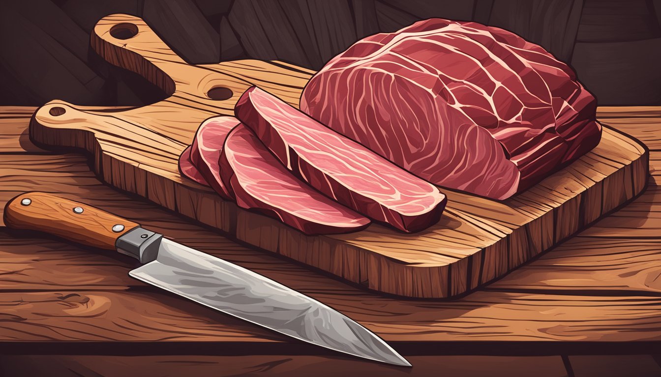 The elk meat is being sliced with a sharp knife, revealing its rich, dark color and marbled texture. A wooden cutting board is set against a rustic backdrop