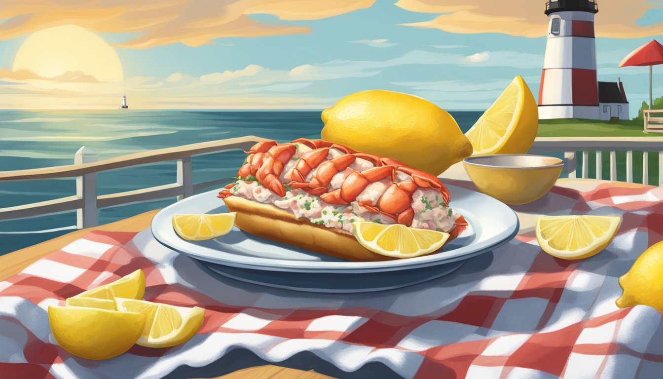 A lobster roll sits on a checkered picnic blanket, surrounded by lemon wedges and a small dish of melted butter. A seashore backdrop with a lighthouse completes the scene