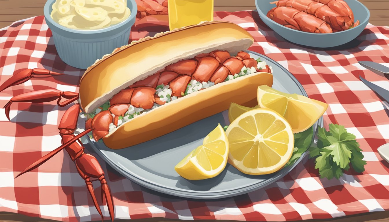 A lobster roll sits on a checkered picnic blanket next to a pile of fresh lobster meat, a bowl of melted butter, and a lemon wedge