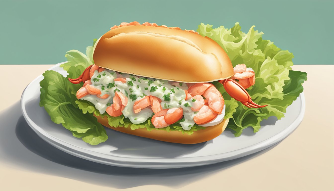 A lobster roll surrounded by a bed of lettuce and a side of potato chips, with a lemon wedge and a sprig of parsley as garnish