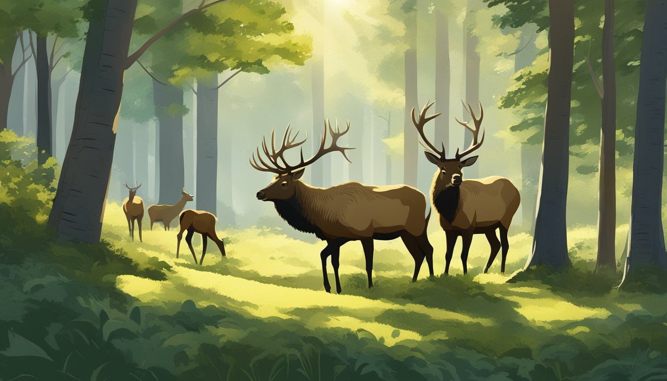 A family of elk grazing in a forest clearing, surrounded by lush greenery and dappled sunlight filtering through the trees