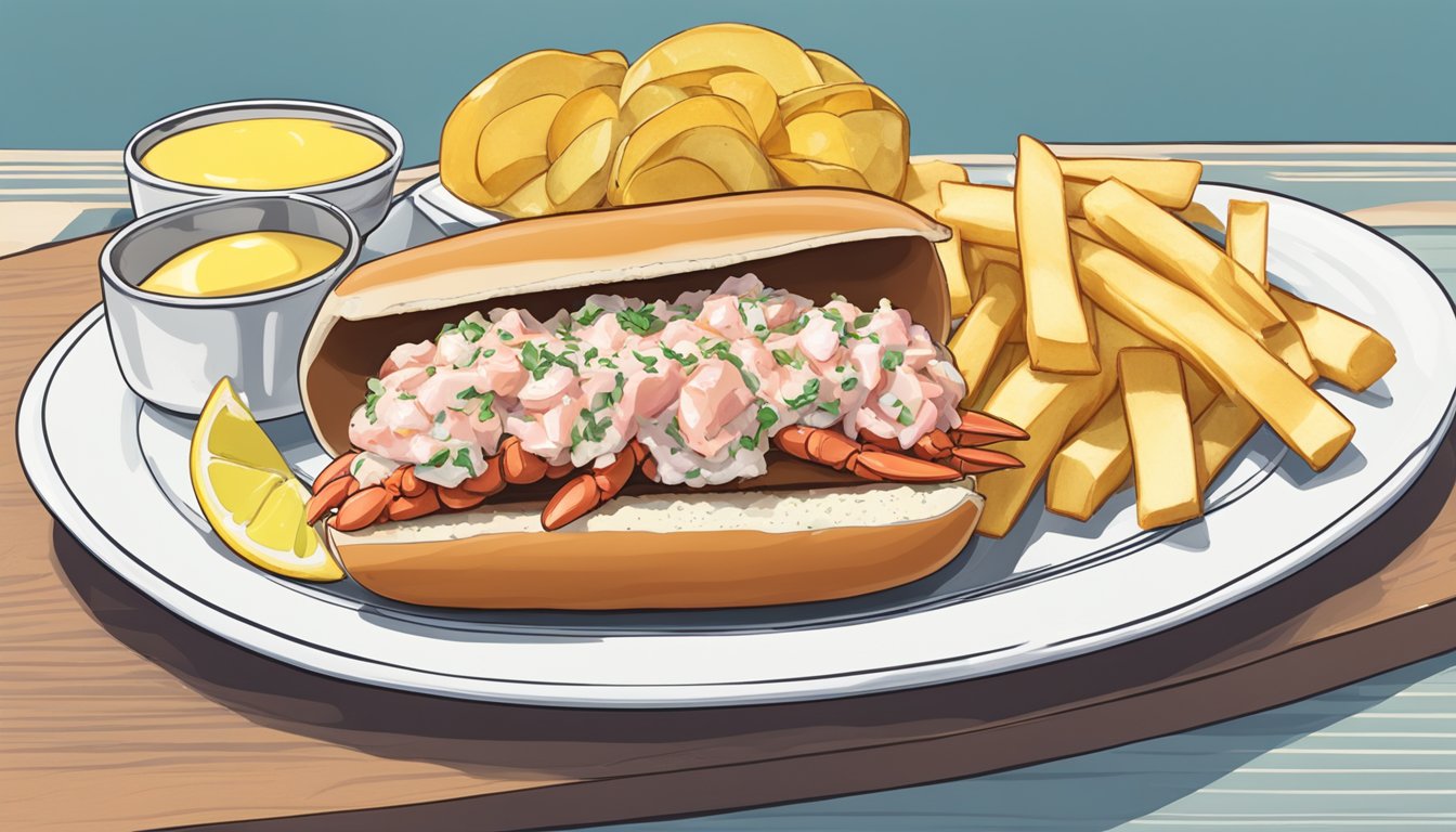 A lobster roll on a plate with a side of fries, a small dish of melted butter, and a lemon wedge