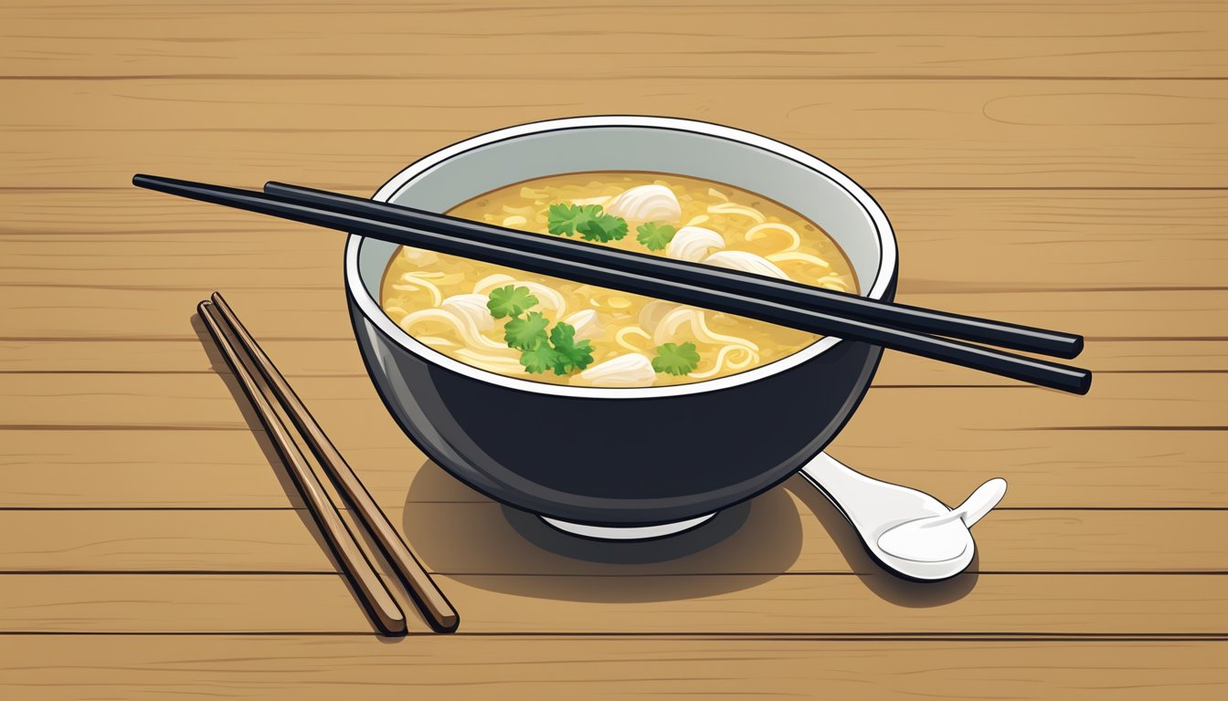 A bowl of egg drop soup with chopsticks and a spoon beside it on a wooden table