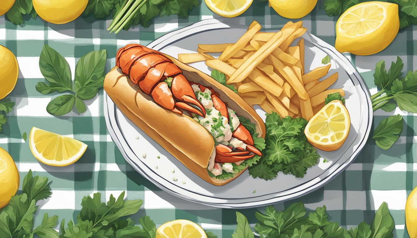 A lobster roll sits on a checkered picnic blanket next to a pile of fresh greens and a lemon wedge. The roll is filled with chunks of juicy lobster meat, drizzled with melted butter, and sprinkled with chives