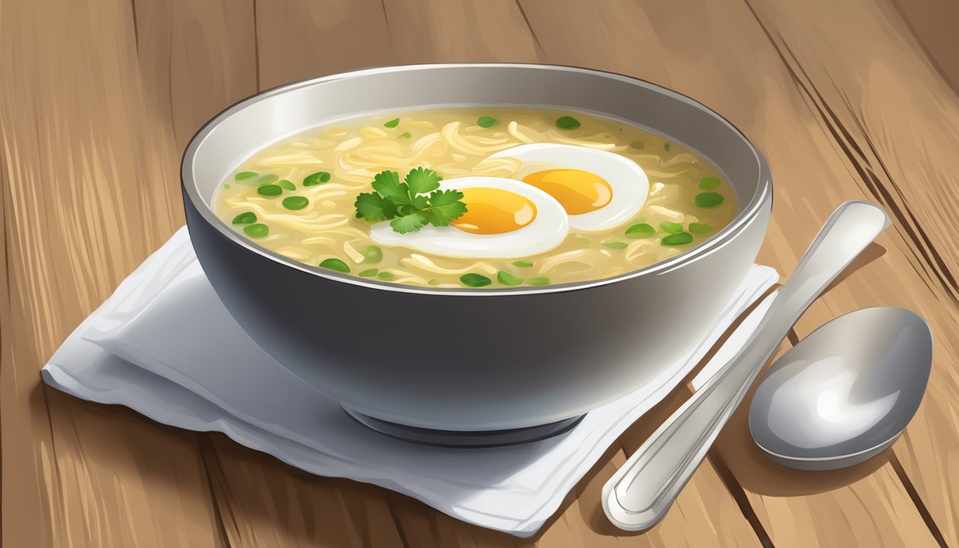 A bowl of egg drop soup on a wooden table with a spoon resting on the side