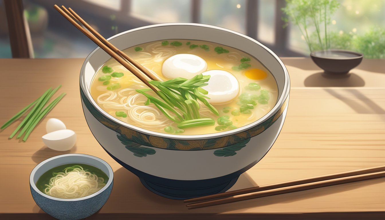 A bowl of egg drop soup sits on a wooden table with a pair of chopsticks resting beside it. Steam rises from the bowl, and a few green onions float on the surface