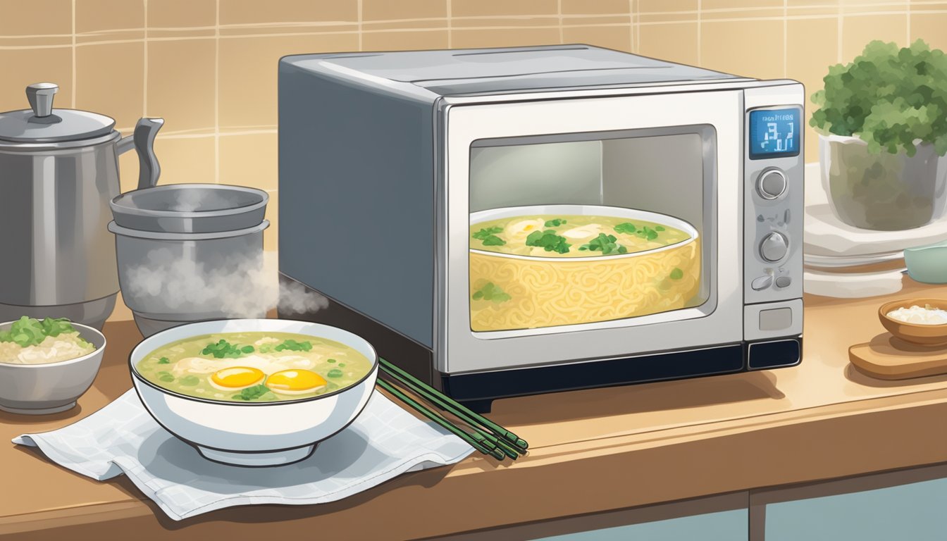 A bowl of steaming egg drop soup sits on a kitchen counter next to a microwave. A pair of chopsticks rests on a napkin nearby