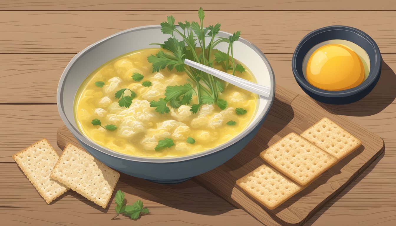 A bowl of egg drop soup with a side of gluten-free crackers on a wooden table