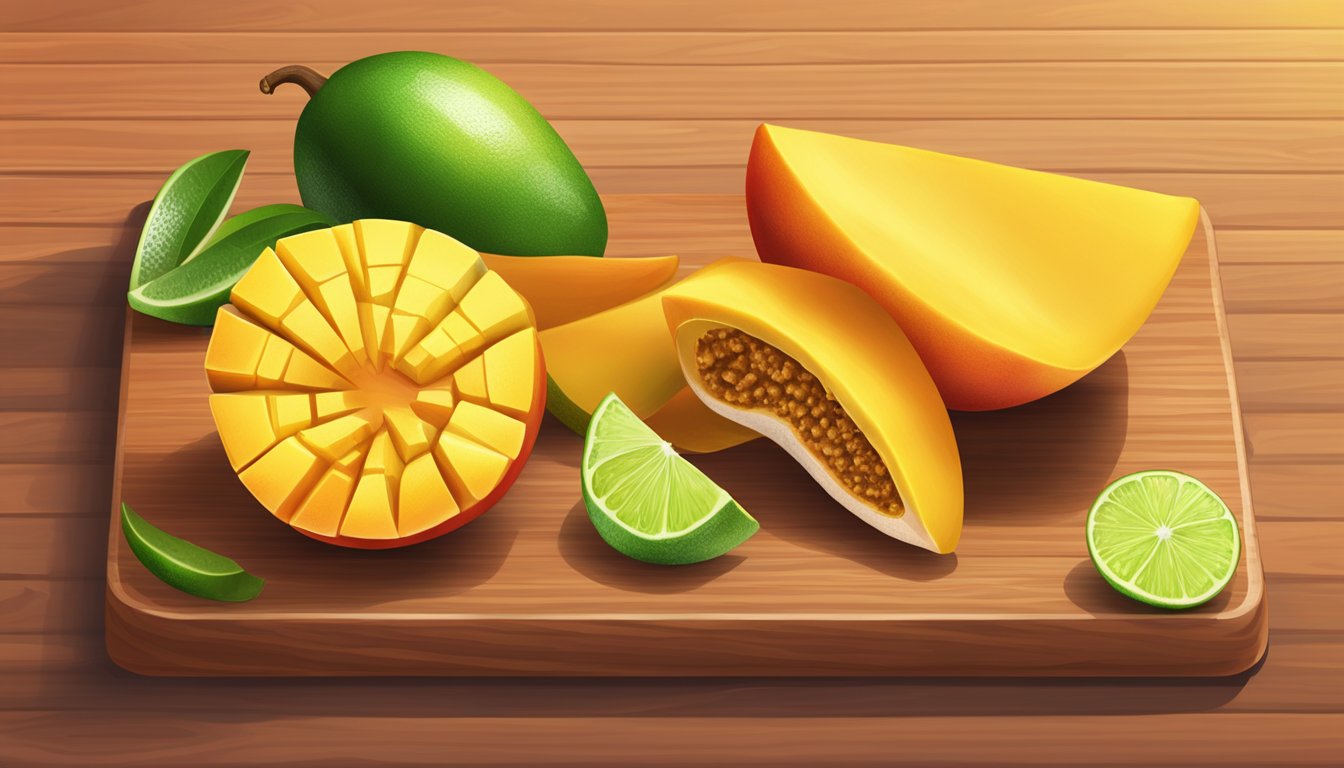 A ripe mango sliced into cubes, paired with chili powder and lime wedges on a wooden cutting board