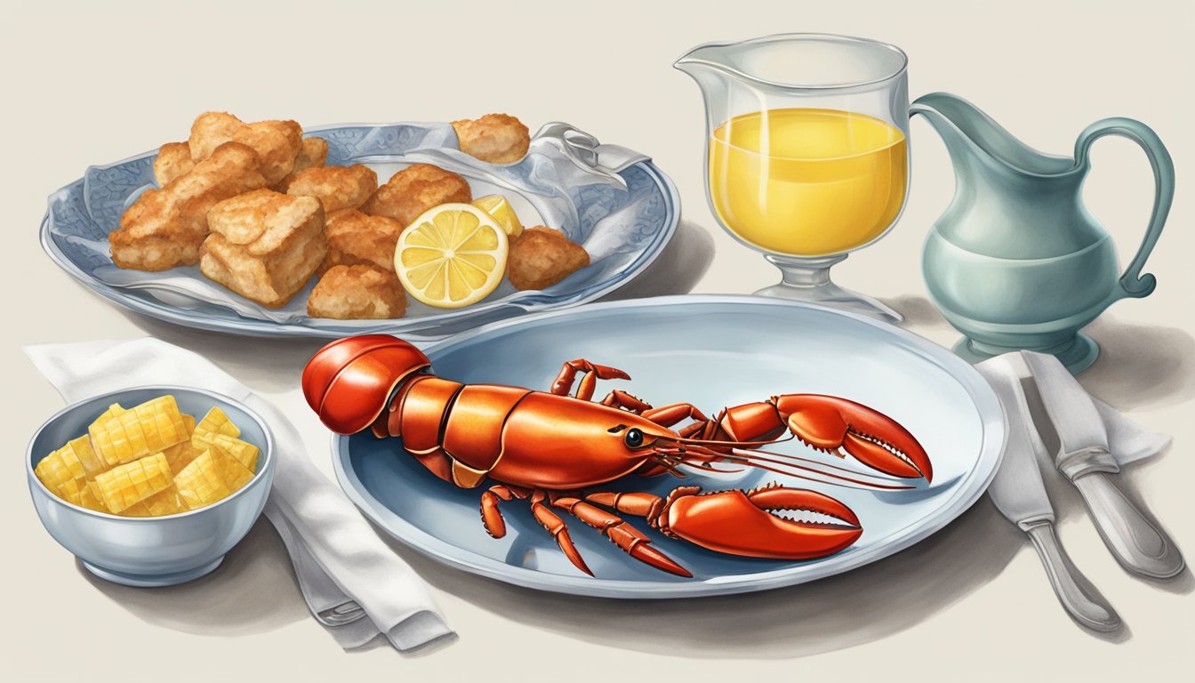 A table set with a lobster, a bib, a nutcracker, and a small dish of melted butter