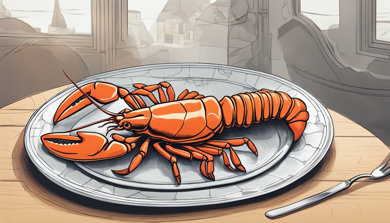 A lobster is placed on a plate with its shell cracked open, revealing the meat inside. The lobster's claws and tail are intact, ready to be eaten