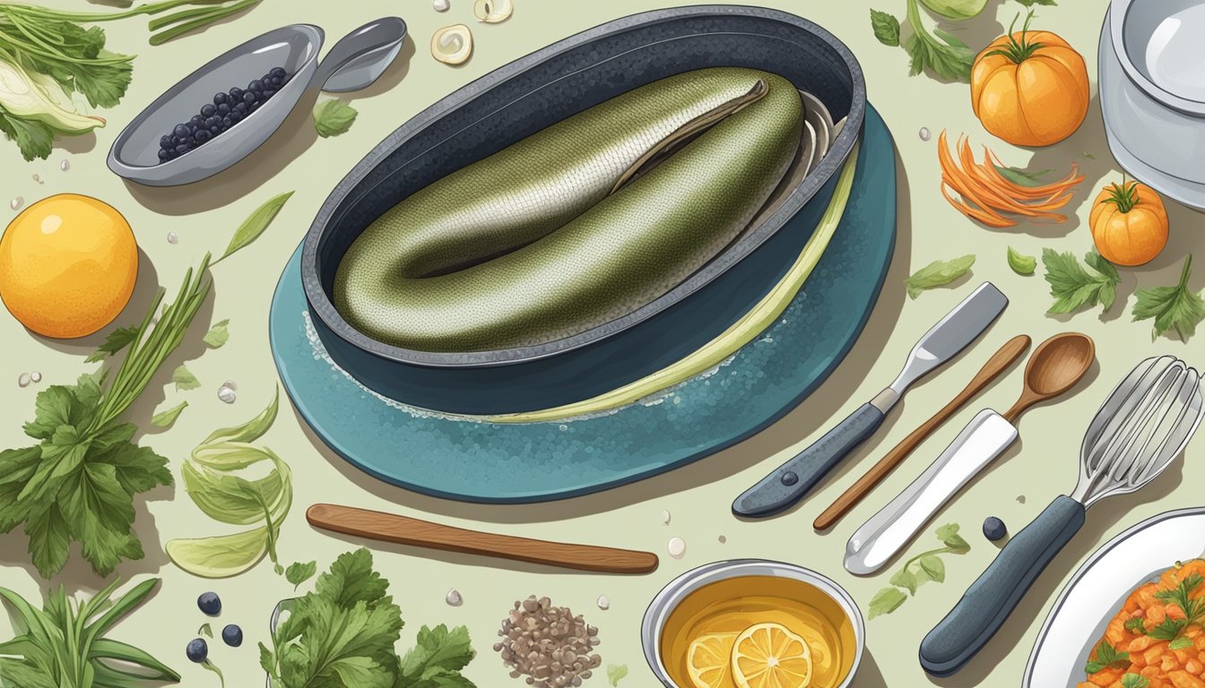 An eel being prepared for cooking, surrounded by various kitchen utensils and ingredients