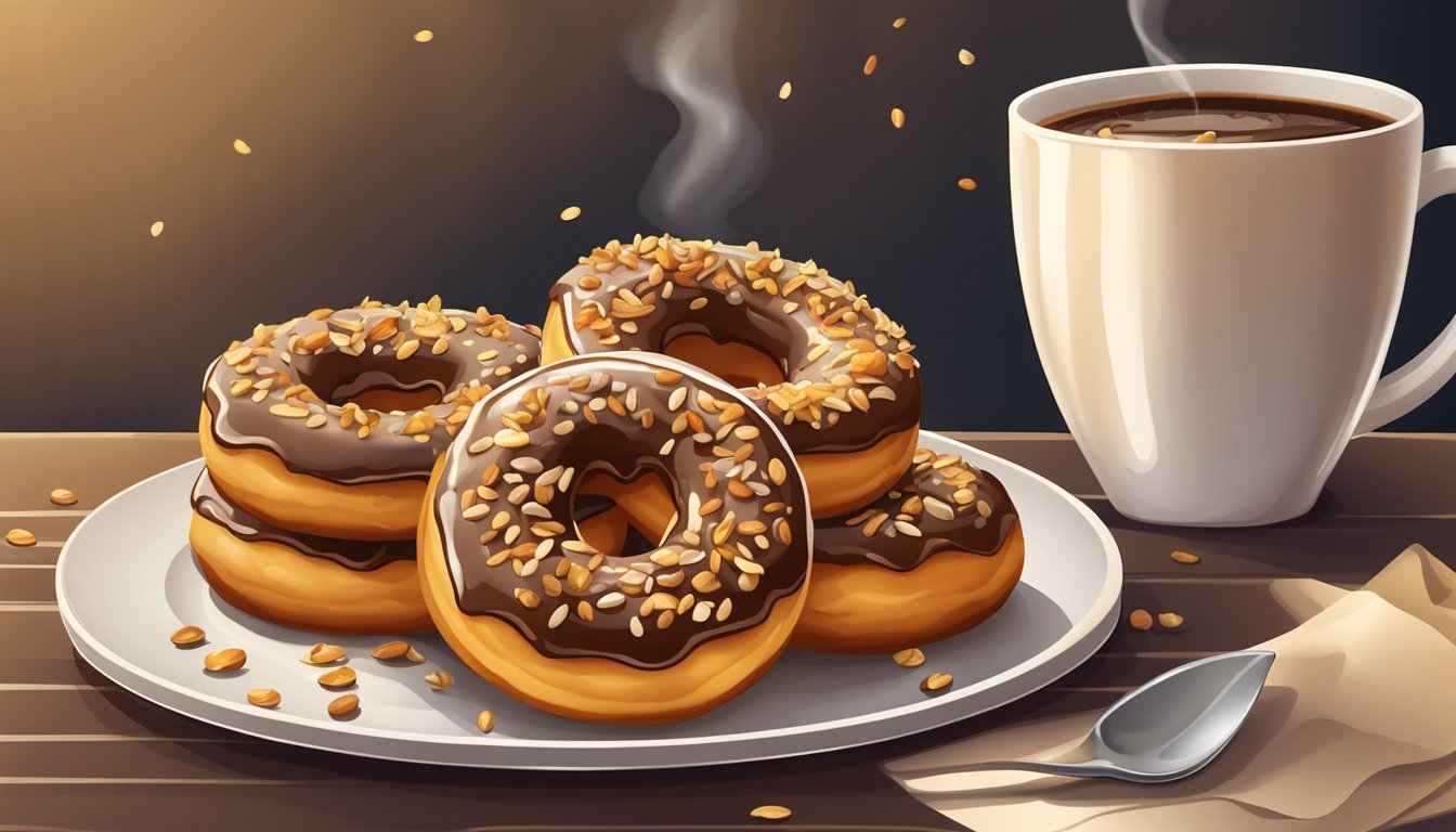 A plate of warm, golden maple glazed donuts, drizzled with sticky syrup and sprinkled with chopped nuts, sits next to a steaming cup of coffee