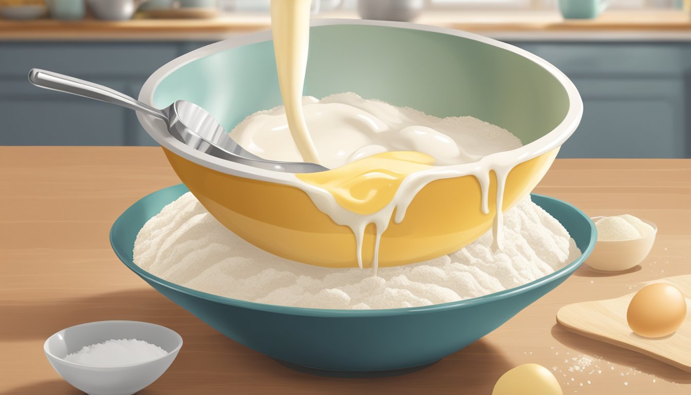 A mixing bowl filled with flour, sugar, and eggs, with a stream of maple glaze being poured into the batter