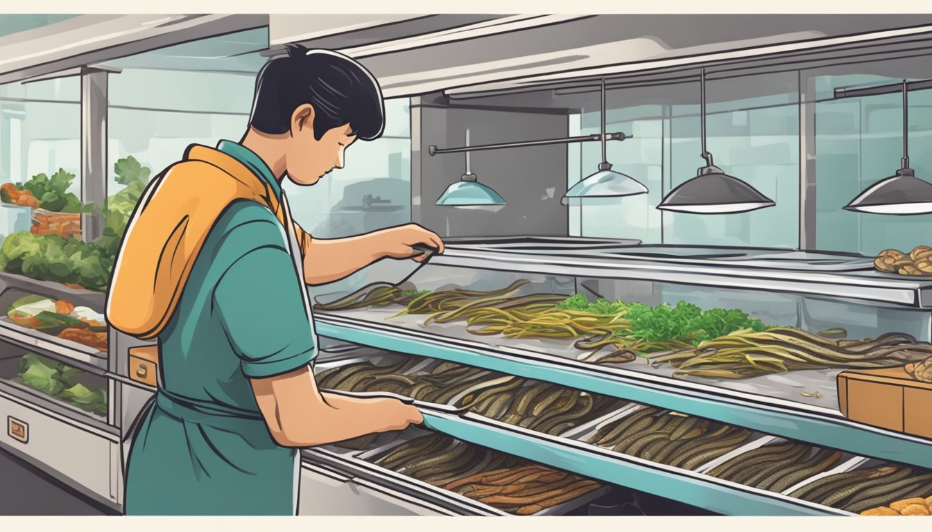 A person buys fresh eel from a market, then stores it in a refrigerator. Later, they prepare and cook the eel for a meal