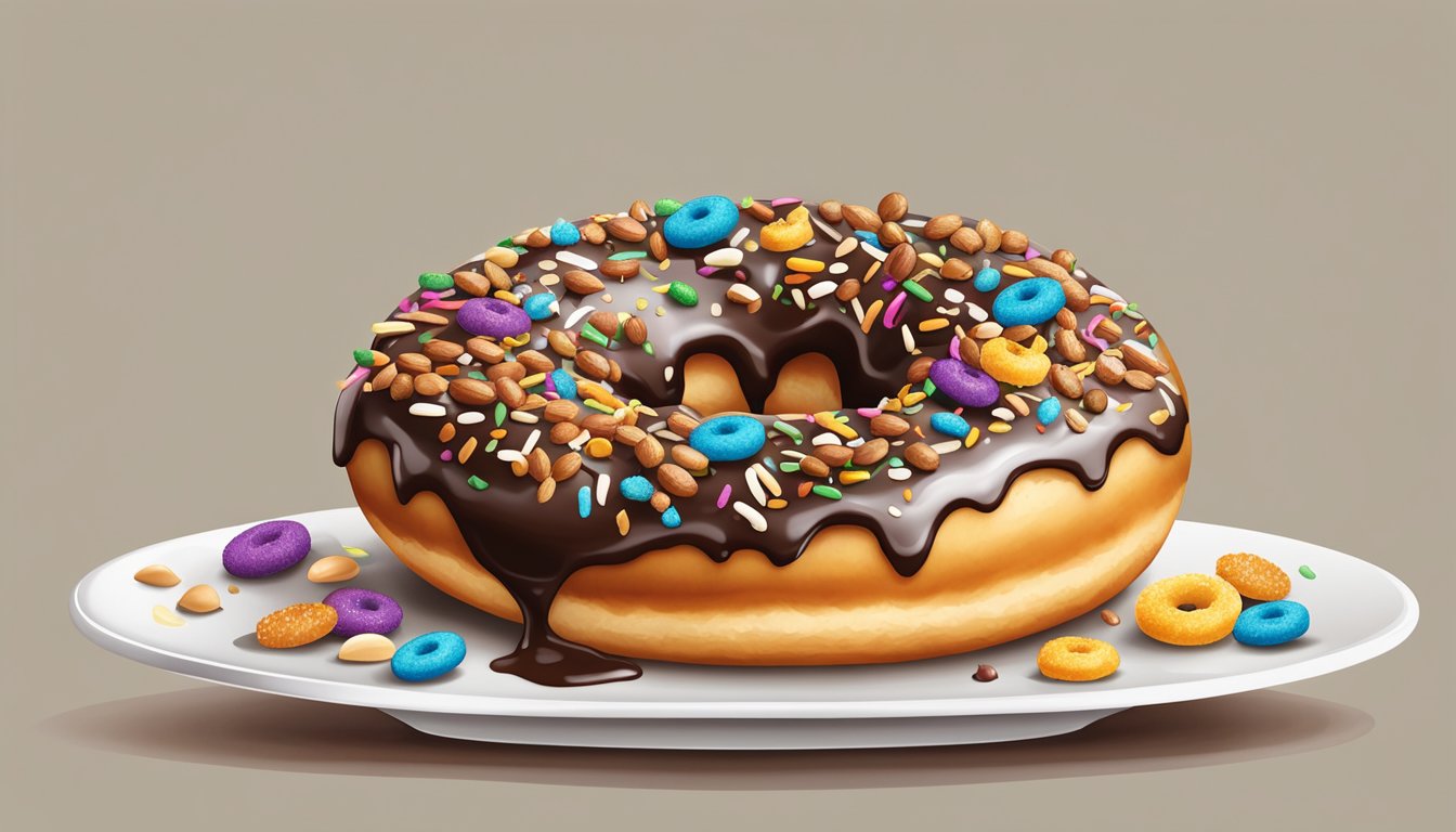 A maple glazed donut sits on a white plate, surrounded by a variety of toppings such as sprinkles, nuts, and chocolate drizzle