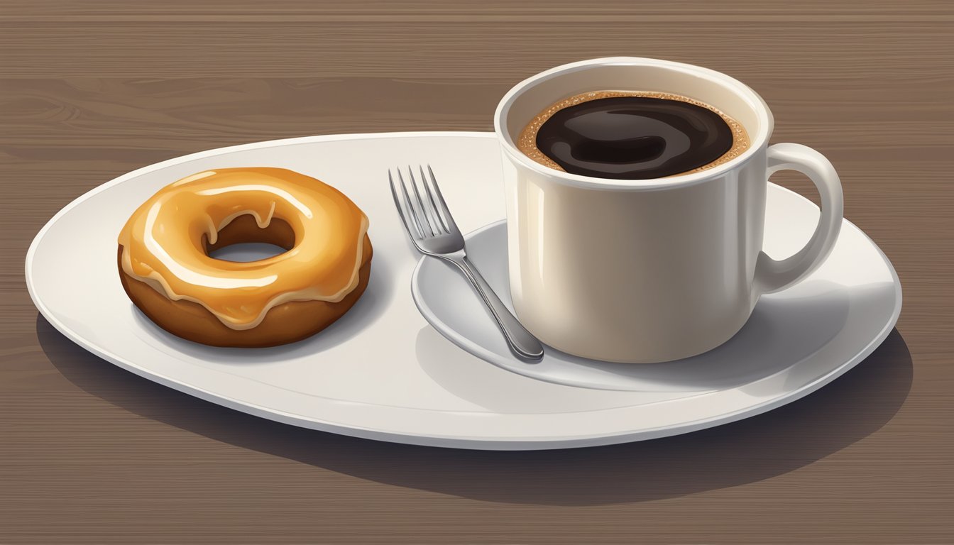 A maple glazed donut sits on a white plate next to a steaming cup of coffee, with a small fork beside it