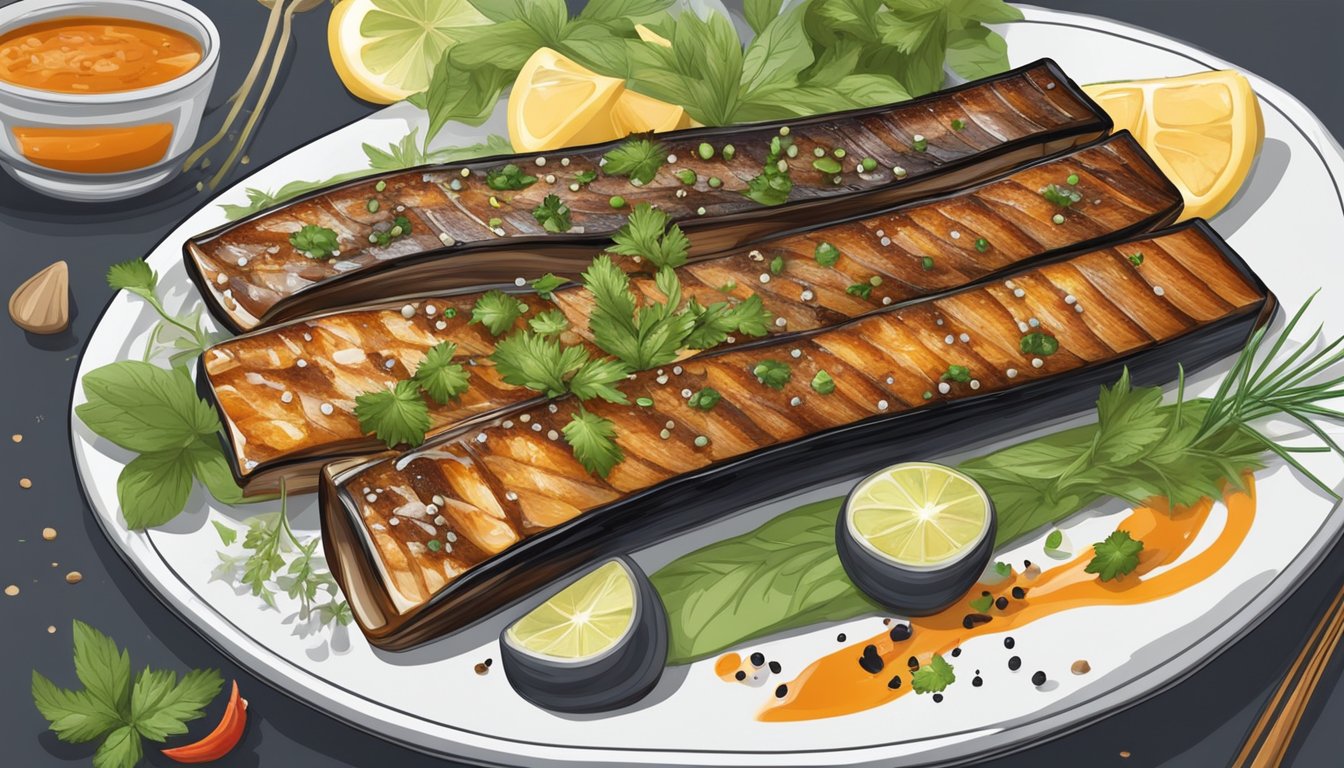 A plate of grilled eel with a drizzle of savory sauce, surrounded by a variety of aromatic herbs and spices