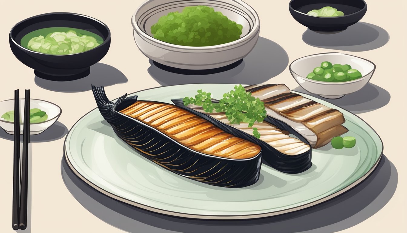 A plate of grilled eel with a side of pickled ginger and wasabi, arranged in an elegant and appetizing manner