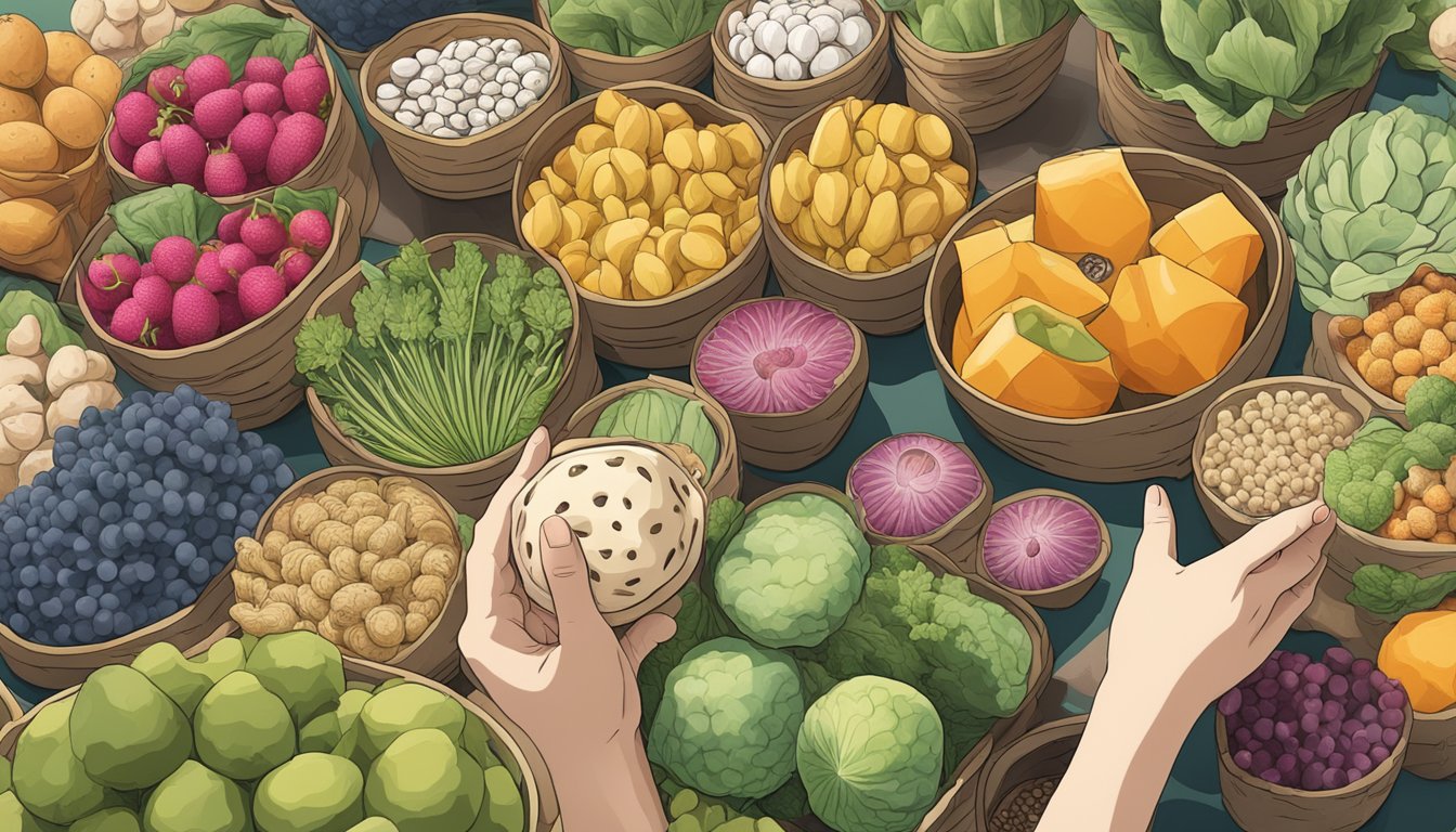 A hand reaching for a lotus root in a market stall, surrounded by various fresh produce