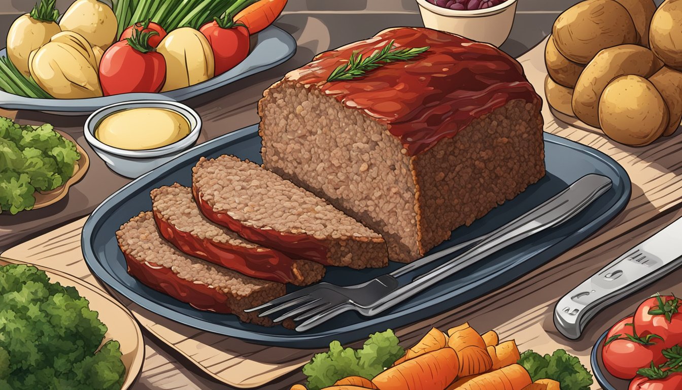 A meatloaf being sliced and served on a platter with a side of vegetables and potatoes