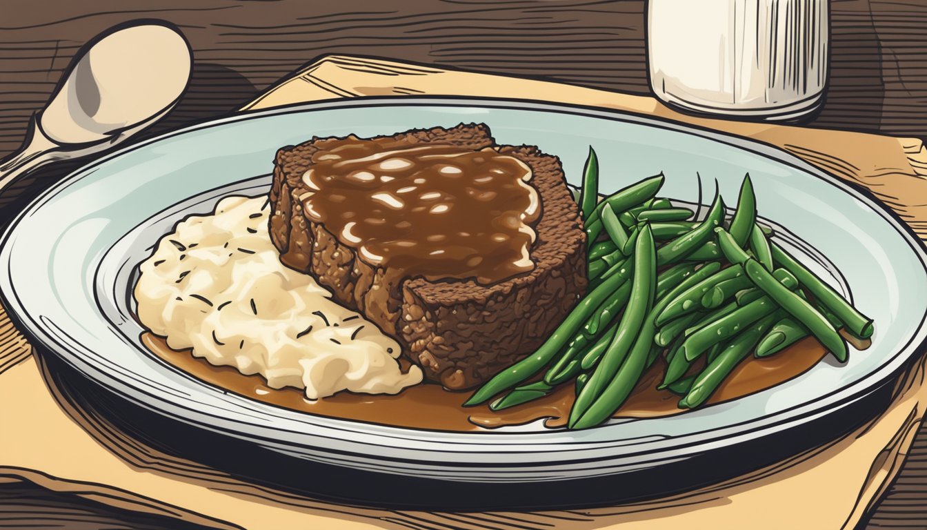 A plate with a slice of meatloaf topped with gravy and accompanied by mashed potatoes and green beans